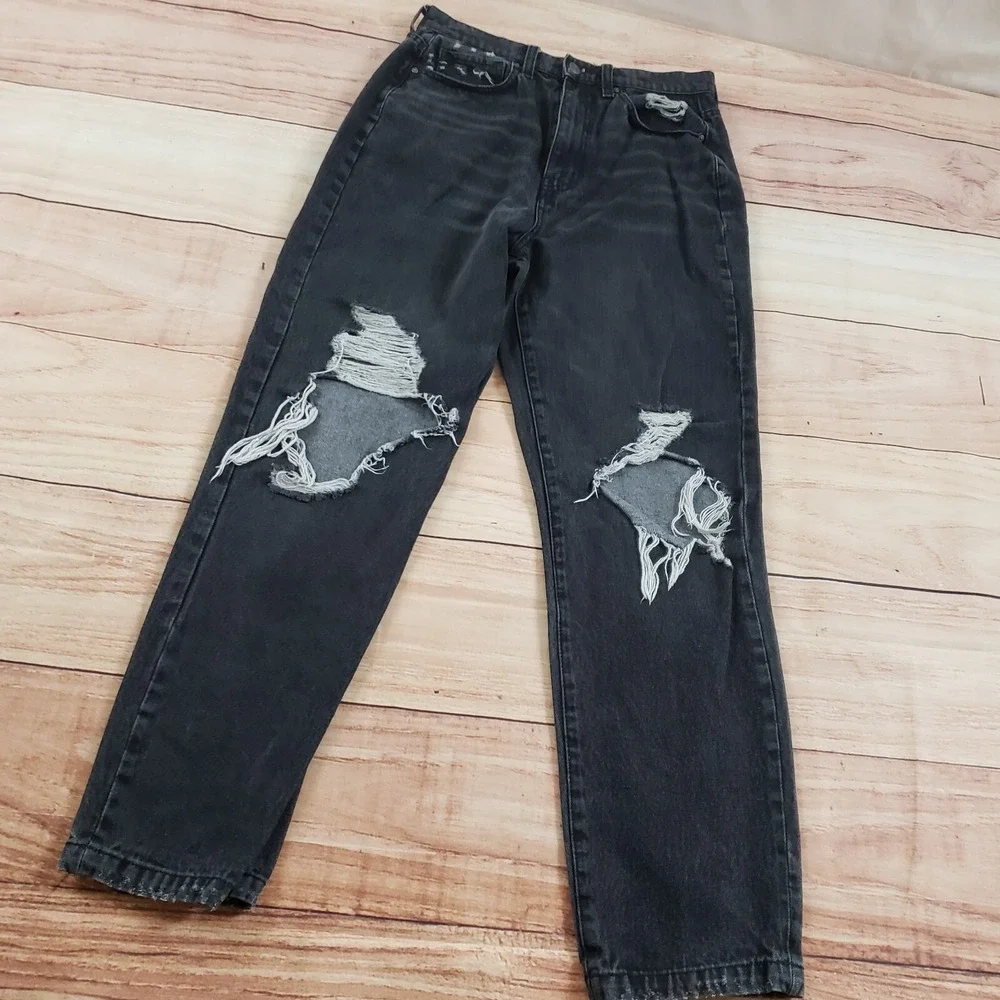 RSQ Jeans Women 28 Black Straight Distressed High‎ Rise Mom Denim Ladies 28x29